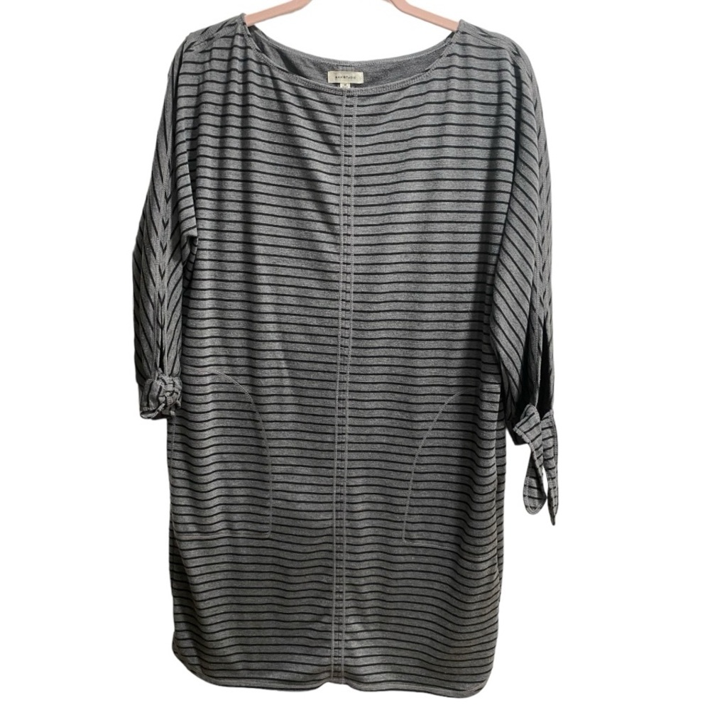 Max Studio Women's Double Knit 3/4" Tie Sleeve Short Dress, Black/Gray sz Medium